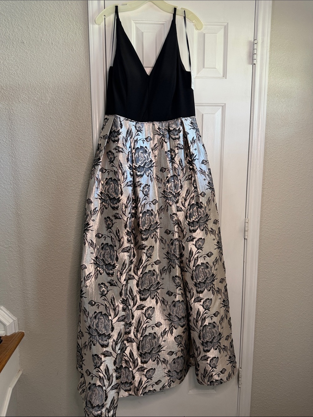 Black Satin Bodice Silver Floral Jacquard A-Line Gown NWT